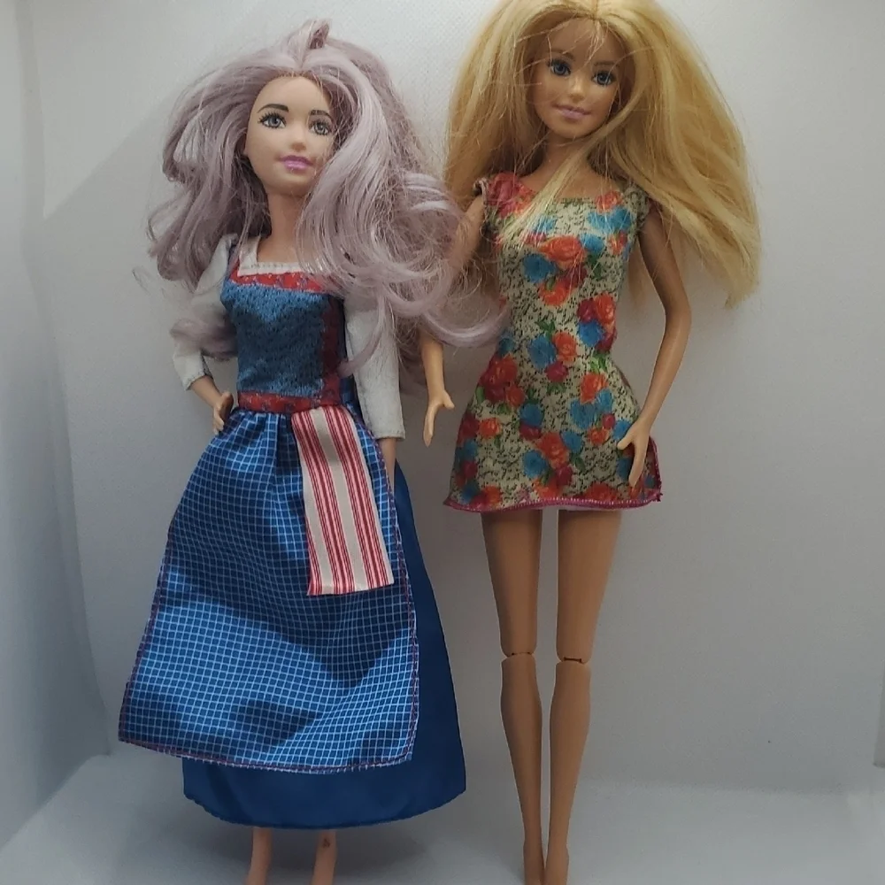 Barbie Dolls in Blue Checkered and Floral Dresses
